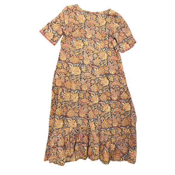 Fabindia Size Sml Mustard Brown Button Midi Cotton Dress Tiered Boho Lagenlook - Picture 4 of 10